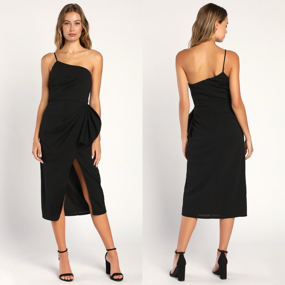 Lulus | Love You Best Black One-Shoulder Ruffled Tulip Midi Dress